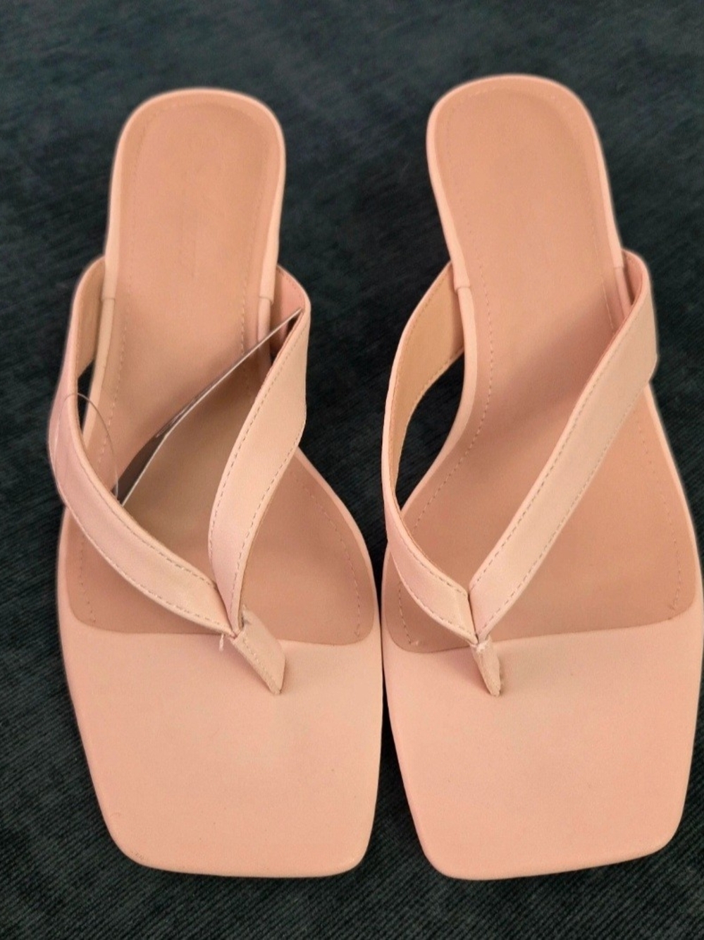 Square-Toe Thong Kitten Heel Sandals in Nude
